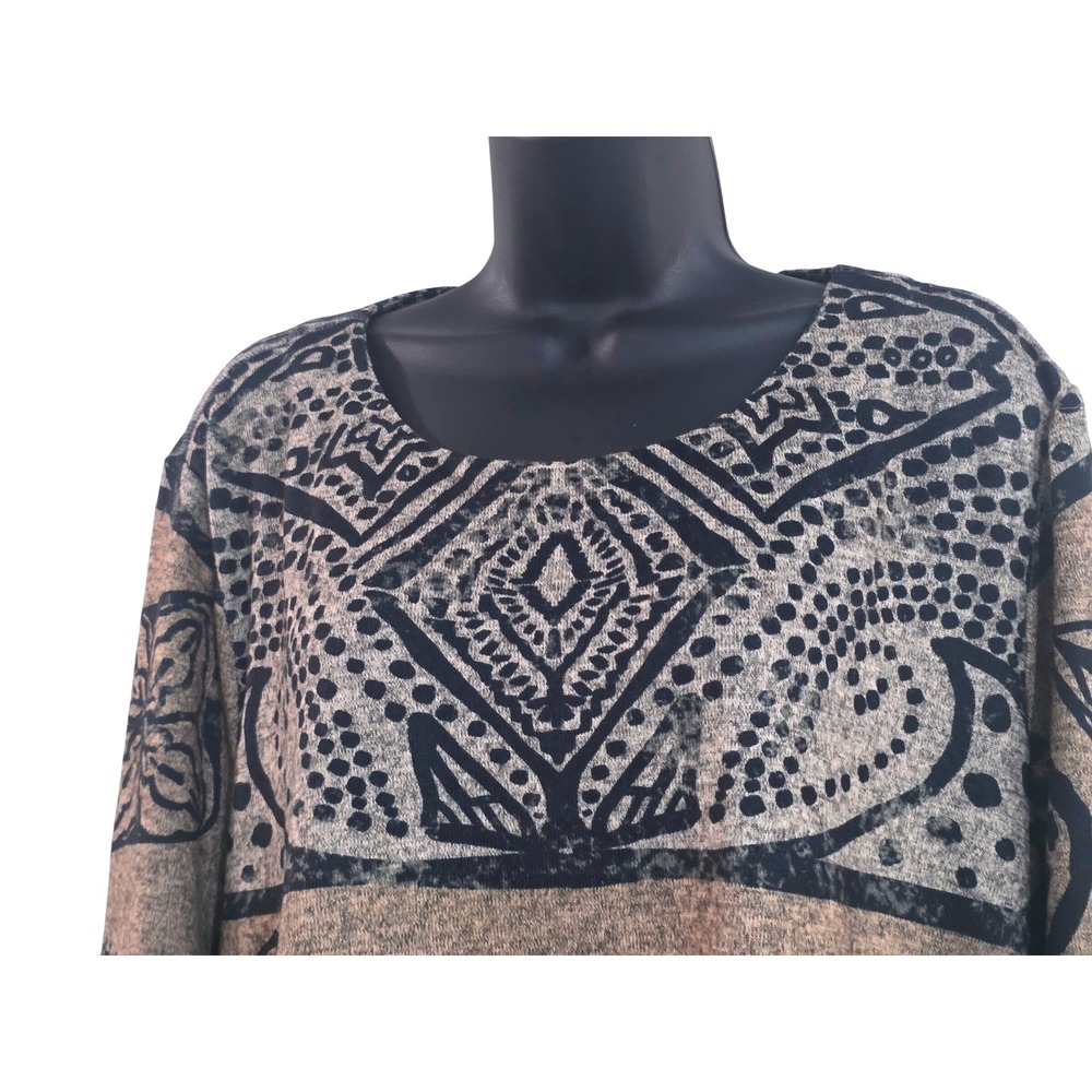 Ali Miles Womens XL Mixed Print Tunic Long Sleeve Pocket Knit Top Brown Gray - Picture 3 of 9